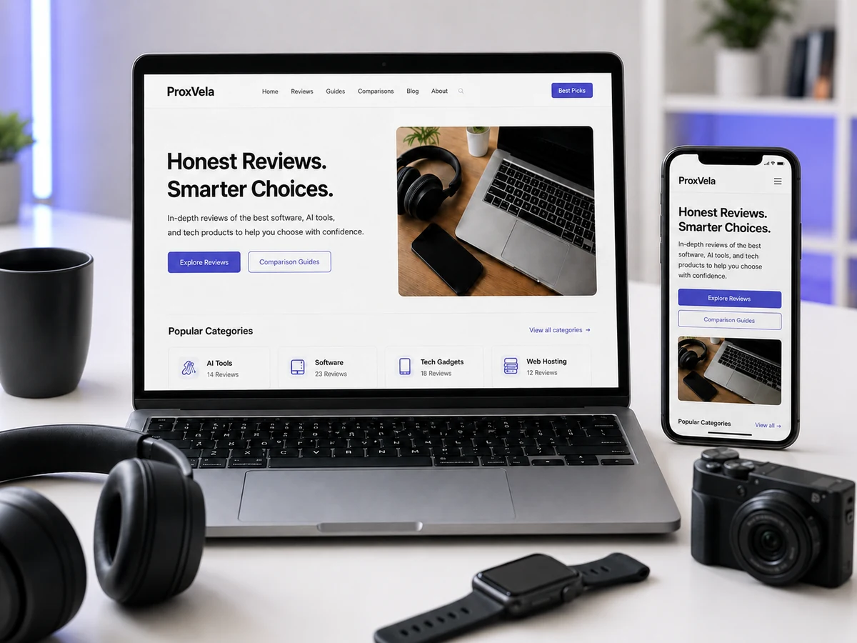 ProxVela technology review website displayed on a laptop and mobile phone beside headphones, a smartwatch, and a camera
