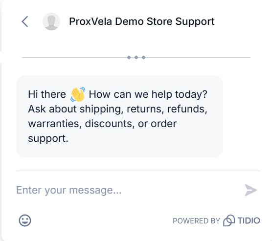 Customized Tidio chat widget for ProxVela Demo Store