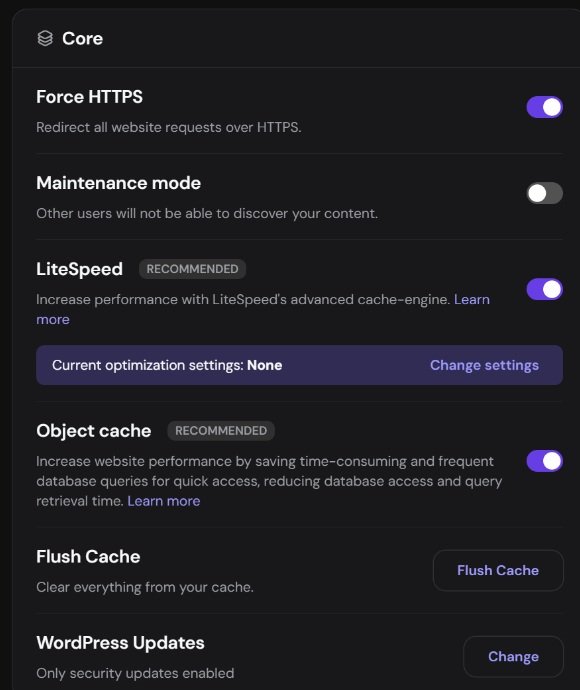 Hostinger hPanel showing LiteSpeed and Object Cache enabled on the ProxVela WordPress installation.