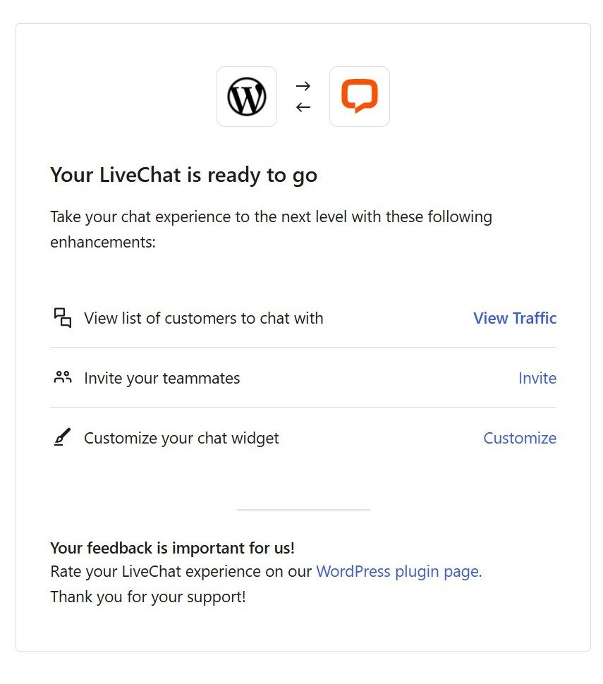 LiveChat Review connected successfully to a fresh WordPress site