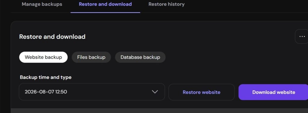 Hostinger website backup screen with full-site restore and download controls.