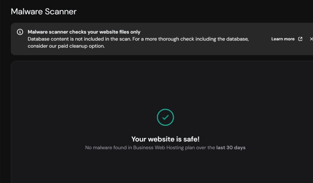 Hostinger malware scanner reporting no malware while noting that the standard scan covers website files only.
