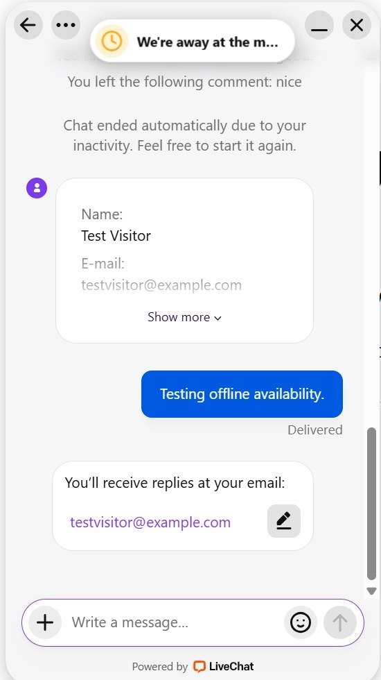 LiveChat away mode allowing an offline visitor message and email reply