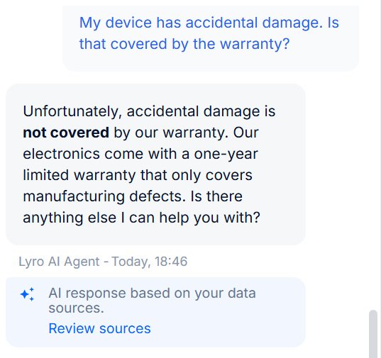 Lyro explaining that accidental damage is not covered by the warranty