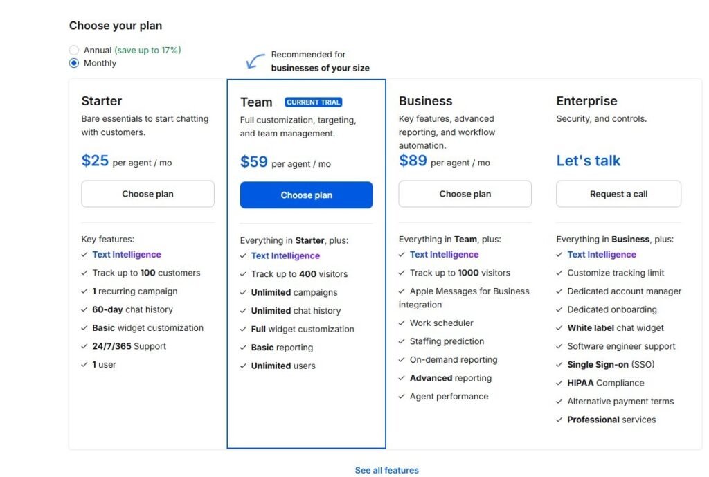 LiveChat monthly pricing screen showing Starter Team Business and Enterprise plans