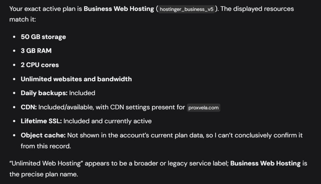 Hostinger support confirming our active plan resources, daily backups, CDN, and Lifetime SSL.