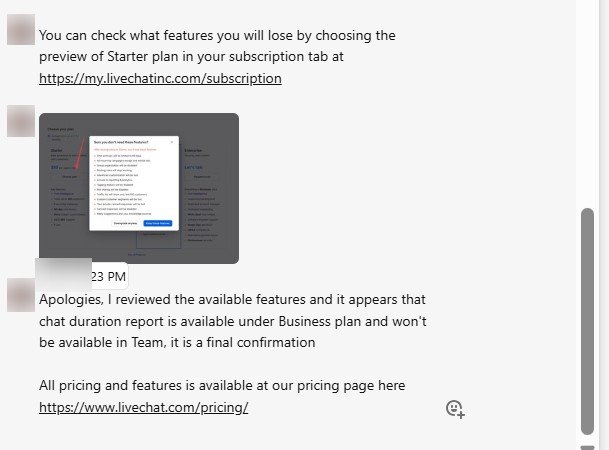 LiveChat human support correcting the Chat Duration plan entitlement after rechecking
