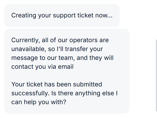 Lyro confirming that an offline support ticket was submitted