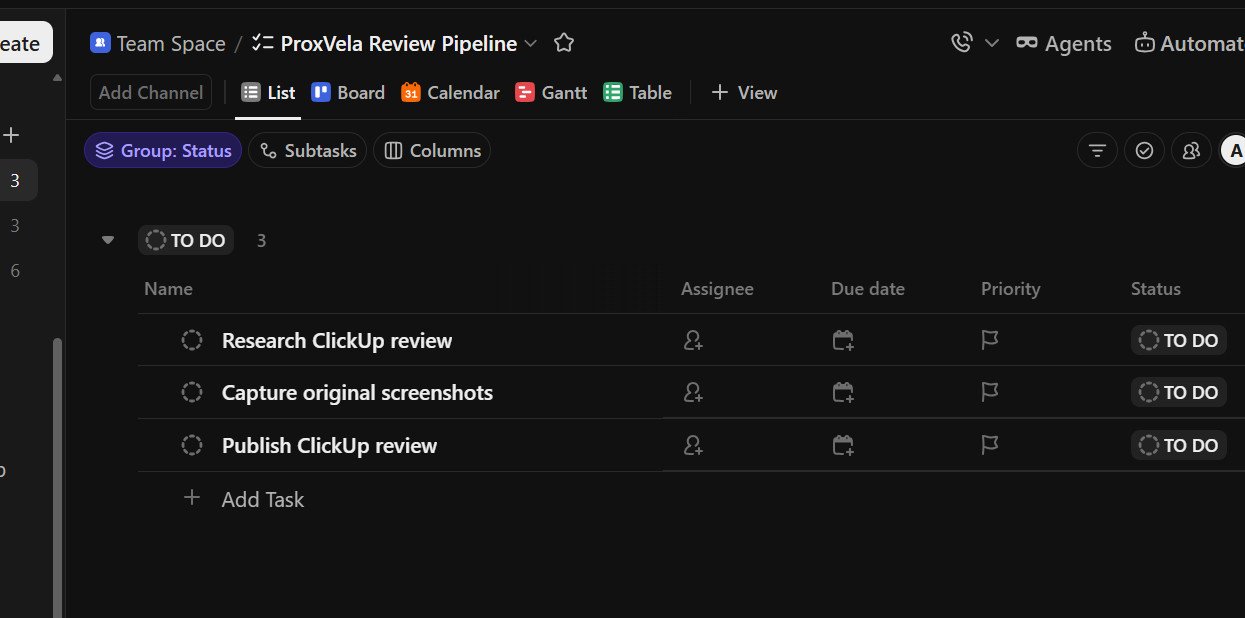 ClickUp review 2026 original screenshot of ProxVela Review Pipeline with three review tasks