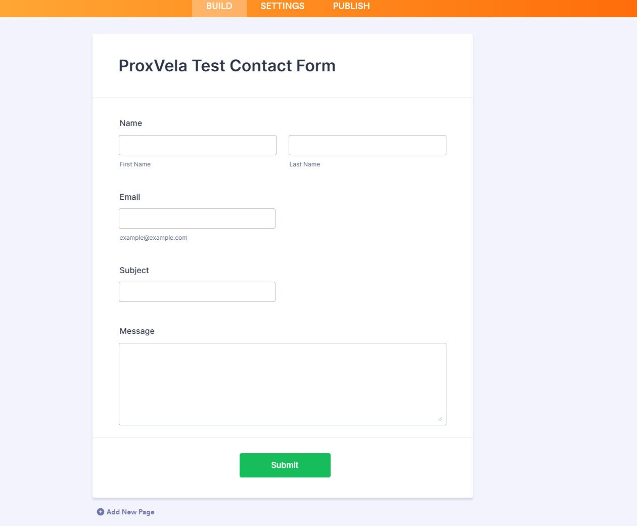 Original Jotform form builder screenshot showing ProxVela's name email subject and message fields