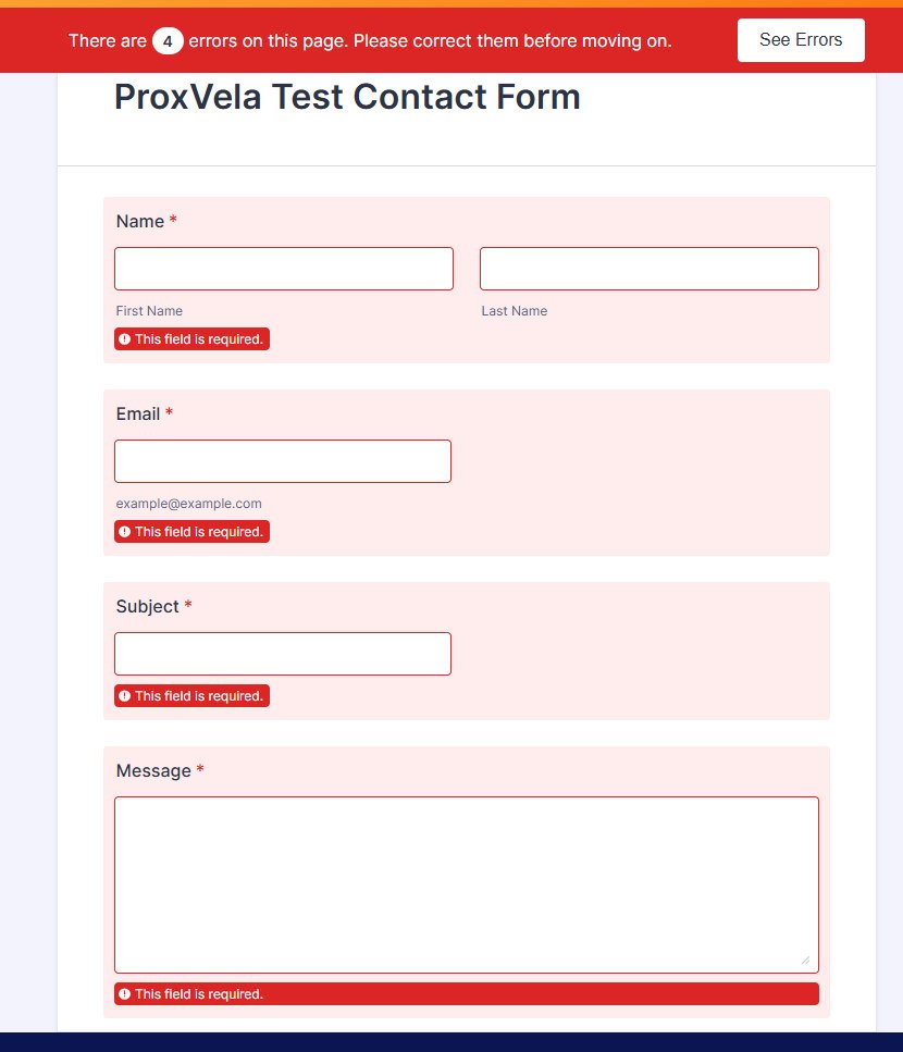Jotform showing four required-field validation errors on an empty contact form submission