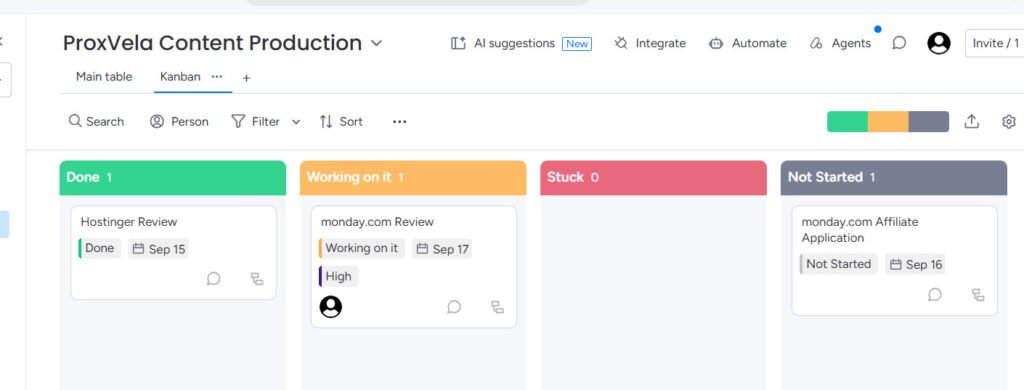 monday.com Kanban view with ProxVela review workflow statuses