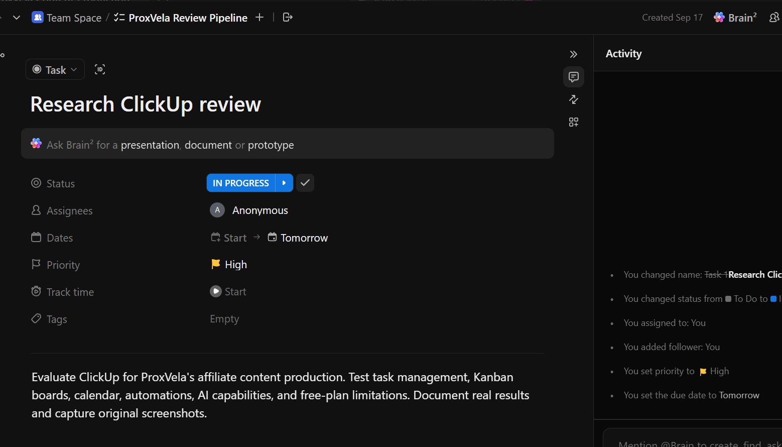 ClickUp task details showing In Progress, assignee, due date, High priority, description and activity history