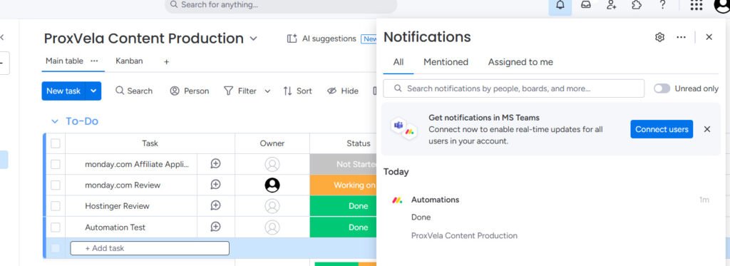 monday.com automation notification triggered when a test task changed to Done