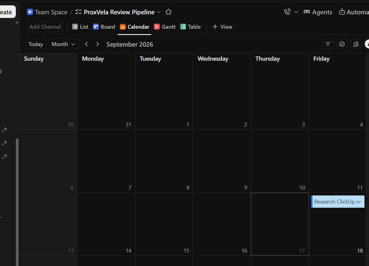 ClickUp September 2026 Calendar showing Research ClickUp review on September 18 and two unscheduled tasks