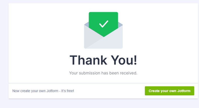 Jotform thank-you confirmation following successful submission of the ProxVela test contact form