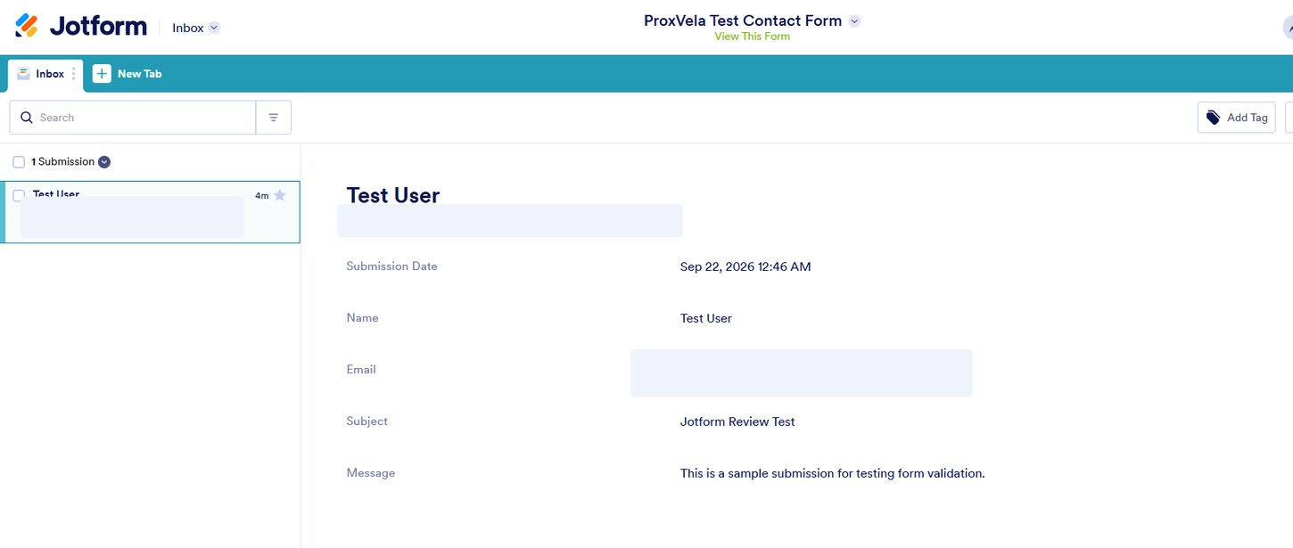 Jotform Inbox with one stored Test User submission, date and matching form fields; test email redacted