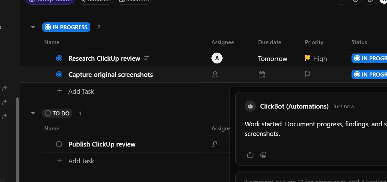 ClickBot Automations comment automatically posted after Capture original screenshots moved to In Progress