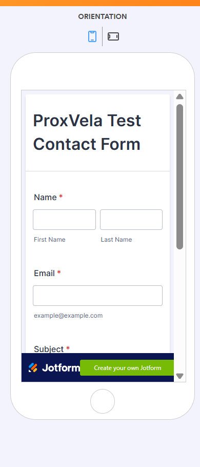 Jotform simulated phone preview showing form title two narrow name fields and email field