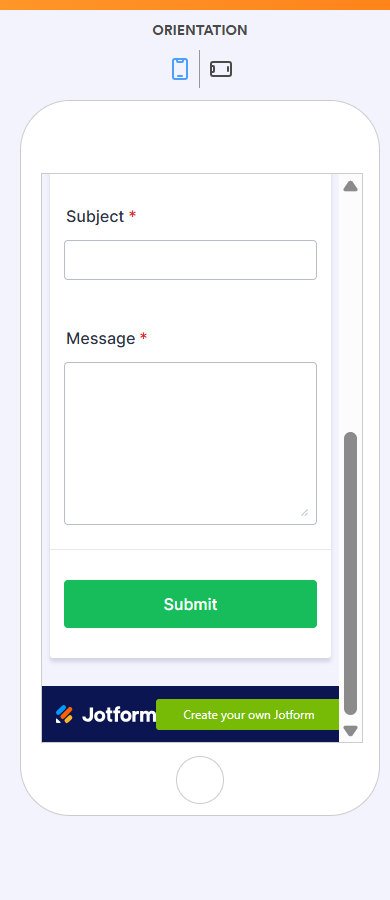 Jotform simulated phone preview showing subject message submit button and Jotform branding
