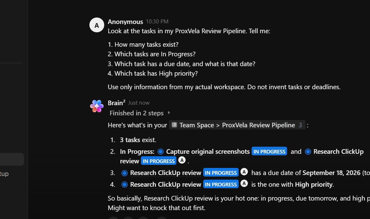ClickUp Brain response correctly identifying all three tasks two In Progress items due date and High priority