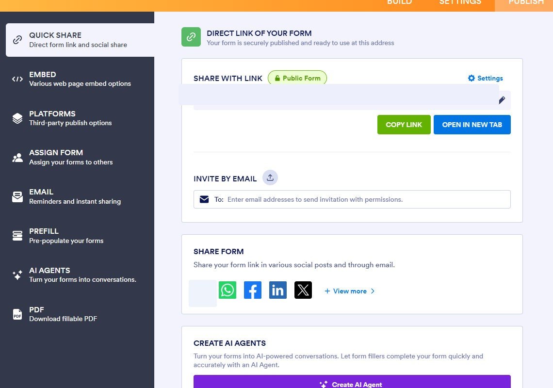 Jotform Publish screen with direct public link email invitation sharing and social options; form URL redacted