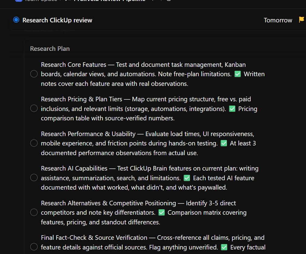 Actual ClickUp task showing six-item Research Plan checklist created by Brain and the activity event confirming addition
