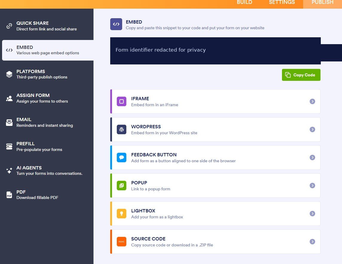 Jotform Embed menu offering JavaScript iframe WordPress popup lightbox feedback button and source code; identifying form URL removed