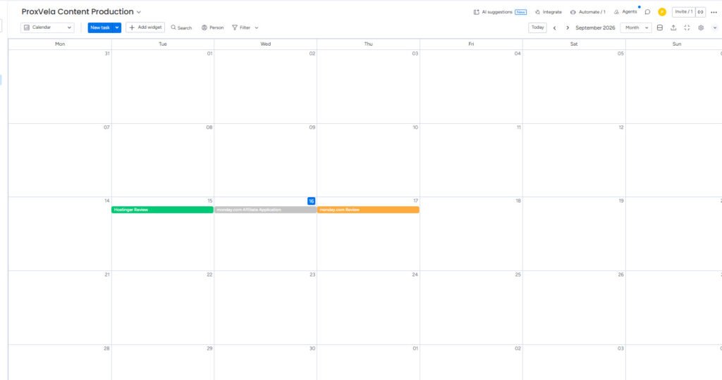 monday.com Calendar view showing ProxVela tasks mapped from the Due date column
