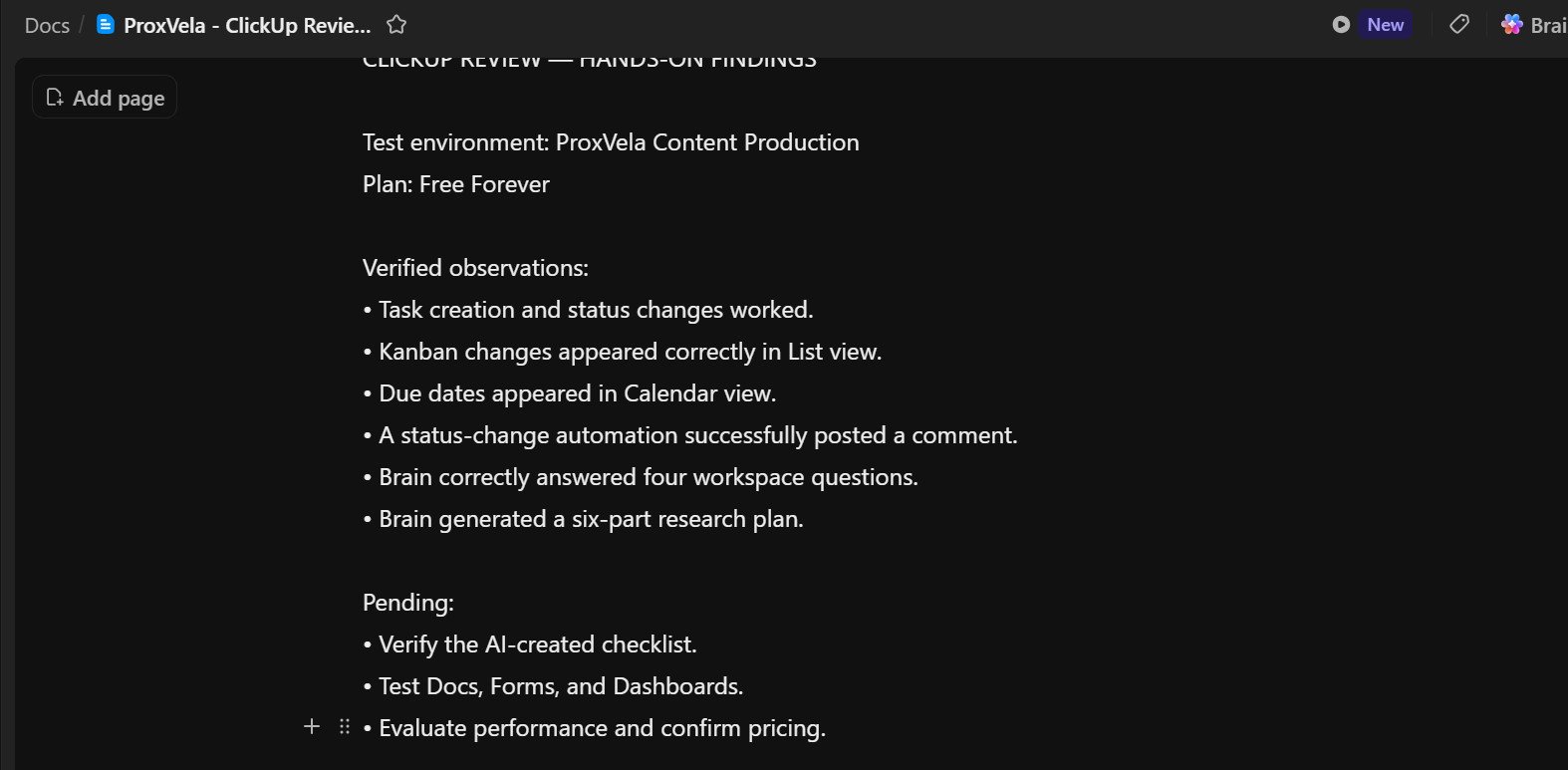 ClickUp Doc with ProxVela ClickUp Review Research title and original hands-on testing notes