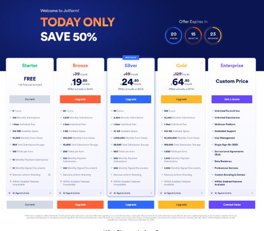 Jotform September 2026 account sale pricing showing Starter free Bronze 19.50 Silver 24.50 and Gold 64.50 monthly equivalents billed yearly