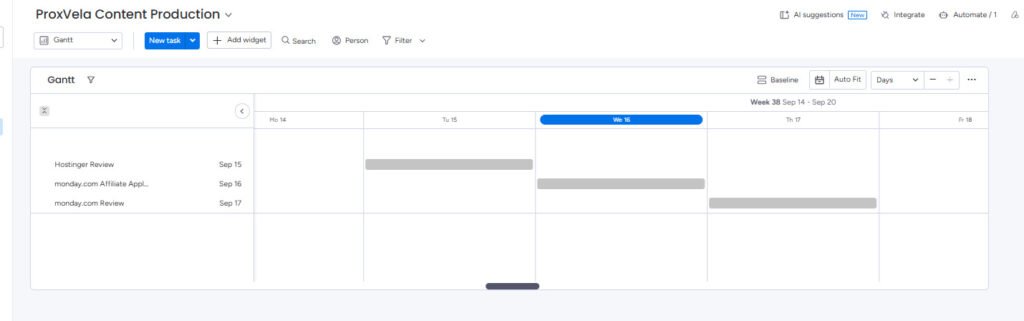 monday.com Gantt view showing dated ProxVela review tasks