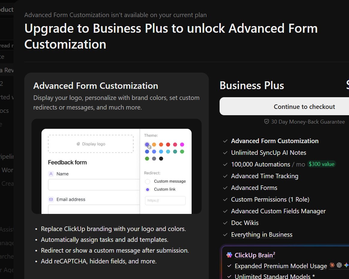 ClickUp Business Plus upgrade prompt triggered by attempting advanced one-column form customization