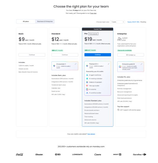 monday.com pricing screen showing Basic Standard Pro and Enterprise during the Pro trial