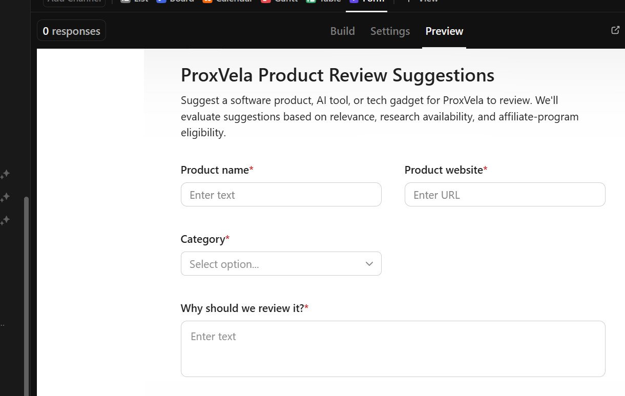 Published ProxVela ClickUp product suggestion form with product name website category reason and notes fields