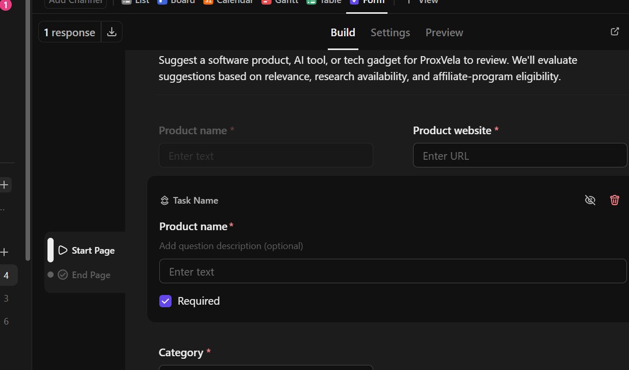 ClickUp form builder showing native Task Name question labeled Product name and marked required