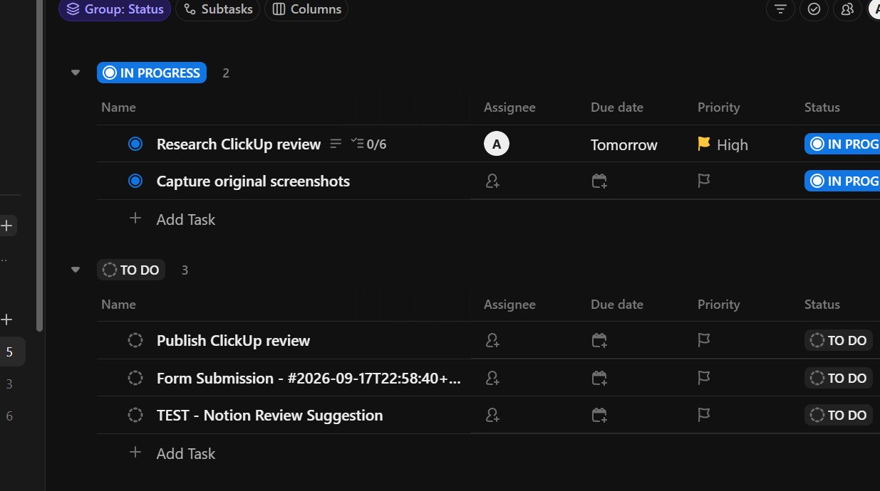 ClickUp List view with five tasks including correctly titled TEST Notion Review Suggestion and earlier timestamp submission