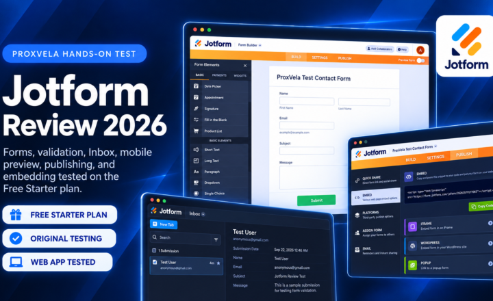 Jotform review 2026 featured image showing the form builder, submission inbox, and publishing options on a dark blue background.