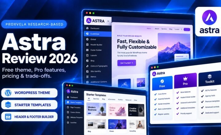 Astra Review 2026 ProxVela blue technology cover with WordPress theme, starter templates and header builder concepts