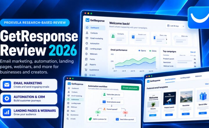 GetResponse Review 2026 research-based dark blue illustrative dashboard collage, matching ProxVela Brevo reference design; mock interface, not measured campaign data