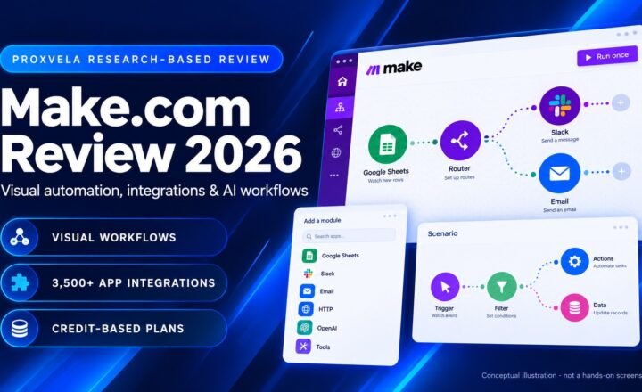 Make.com review 2026 editorial illustration: visual workflow automation with app connections, in ProxVela navy and blue; not a product screenshot