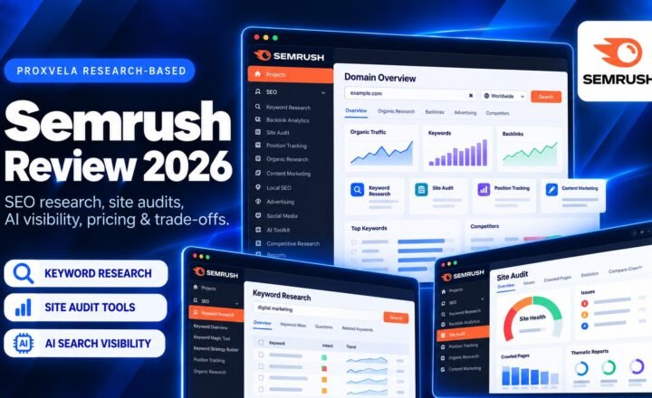 Semrush Review 2026 ProxVela navy and electric-blue cover illustrating keyword research, site audits and AI search visibility